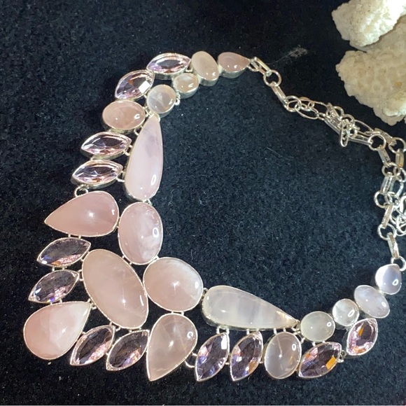 Exquisite Pink Quartz + Pink Topaz Artisan Handcrafted statement Necklace - Picture 4 of 17